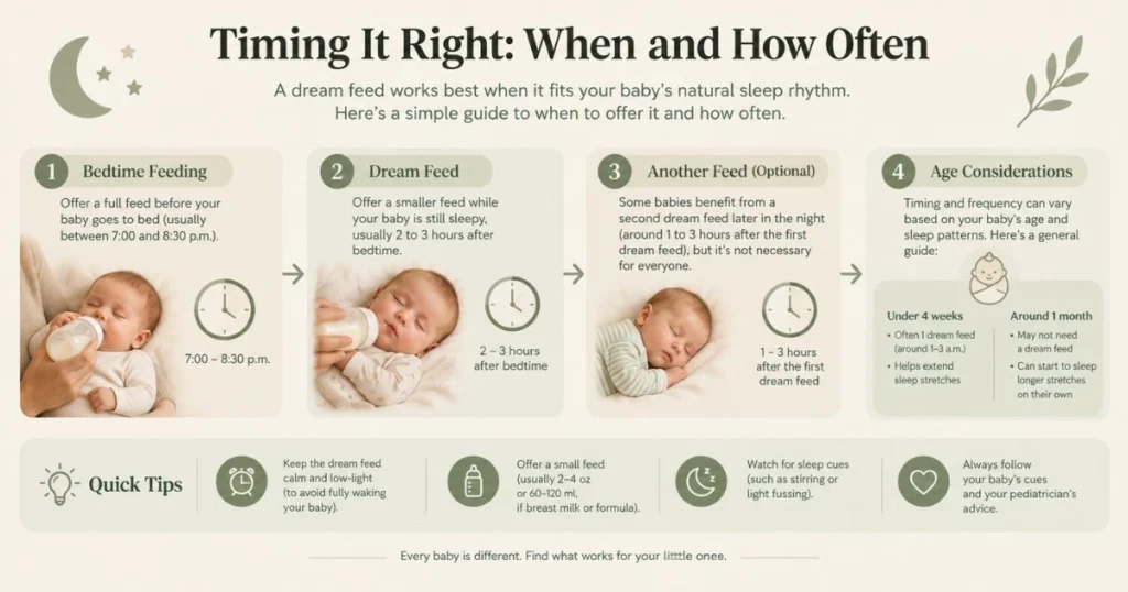 Infographic explaining dream feed timing and age considerations for babies.