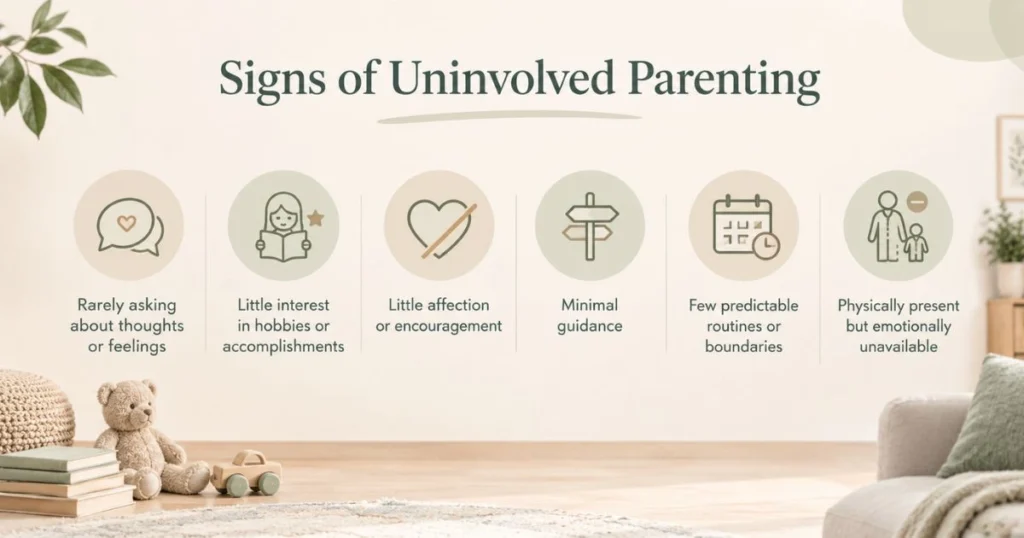 Uninvolved Parenting: Signs, Causes, Effects, and How to Break the Cycle 5 Common signs of uninvolved parenting including emotional distance and limited guidance