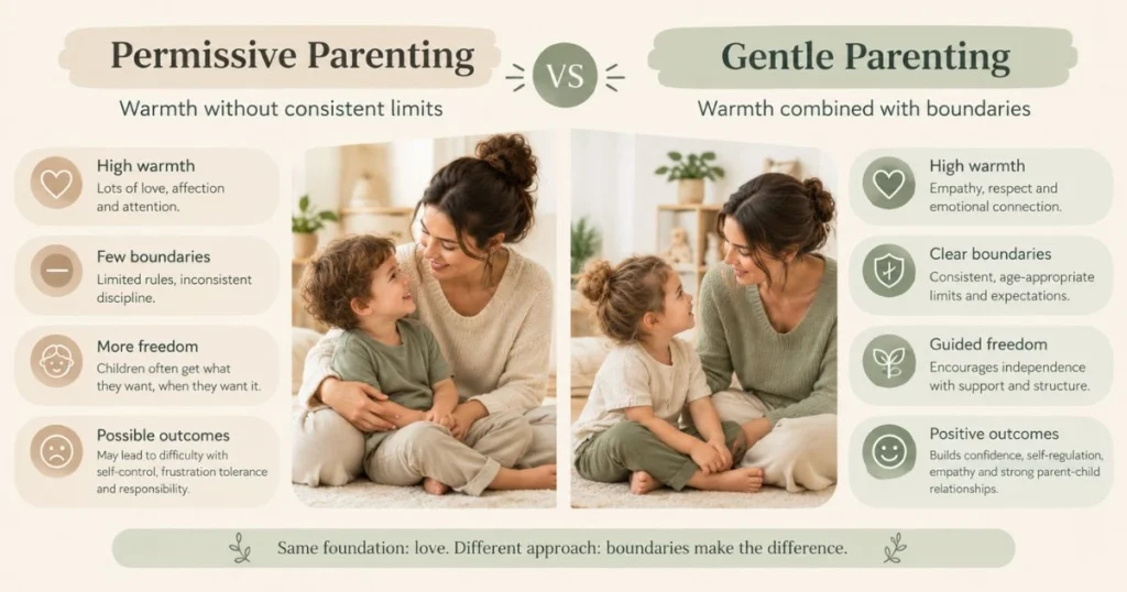 What Is Permissive Parenting? Characteristics, Effects, and How to Break the Cycle 4 Infographic comparing permissive and gentle parenting approaches