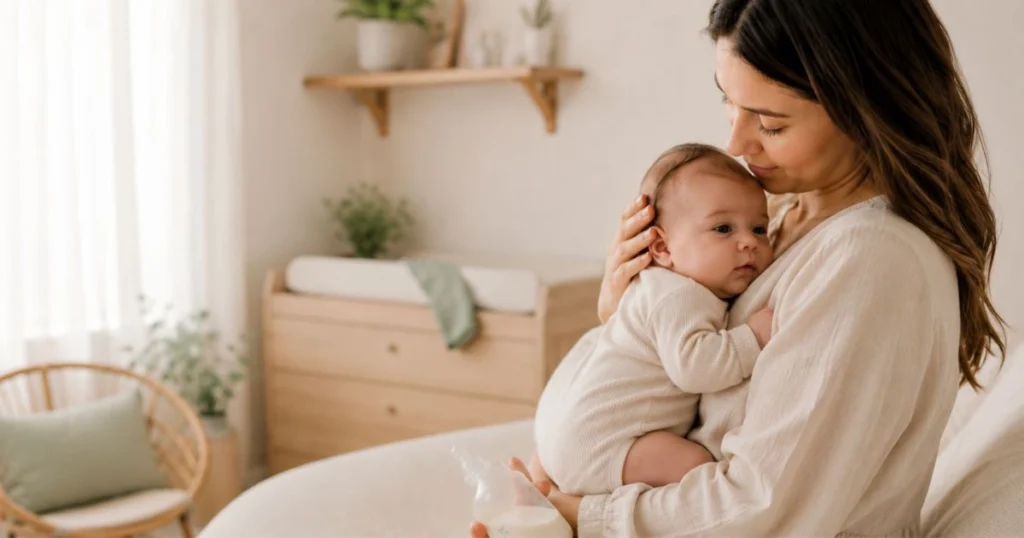 Parent pausing a baby’s feeding and holding the baby calmly