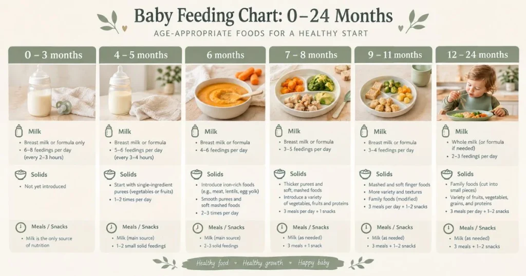 Baby Feeding Chart : 0 to 24 Months 6 Baby feeding chart showing age-appropriate foods from 0 to 24 months