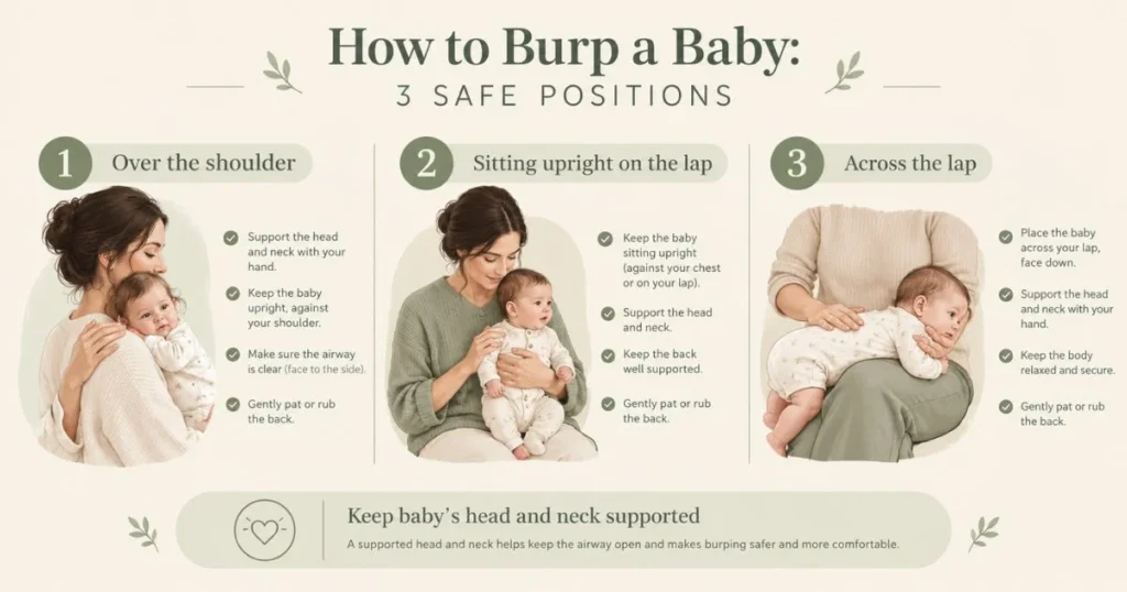 How to Burp a Baby: Step-by-Step Guide for Parents 4 Infographic showing three safe positions for burping a baby with proper head and neck support