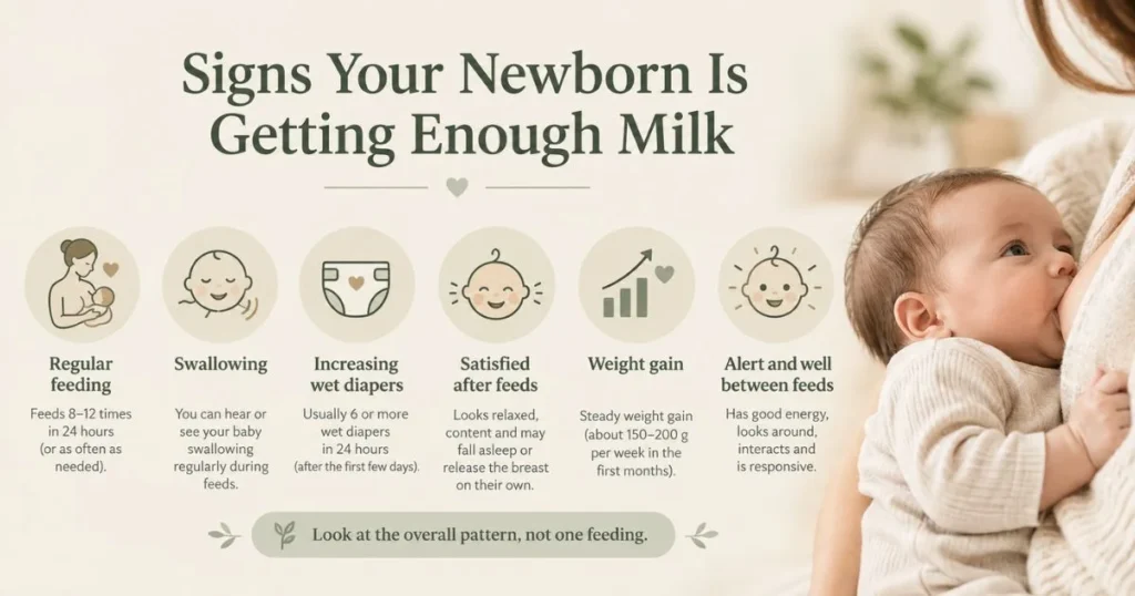 How Much Milk Does a Newborn Drink? Complete Guide 4 Signs a newborn is getting enough milk including feeding, wet diapers, and weight gain