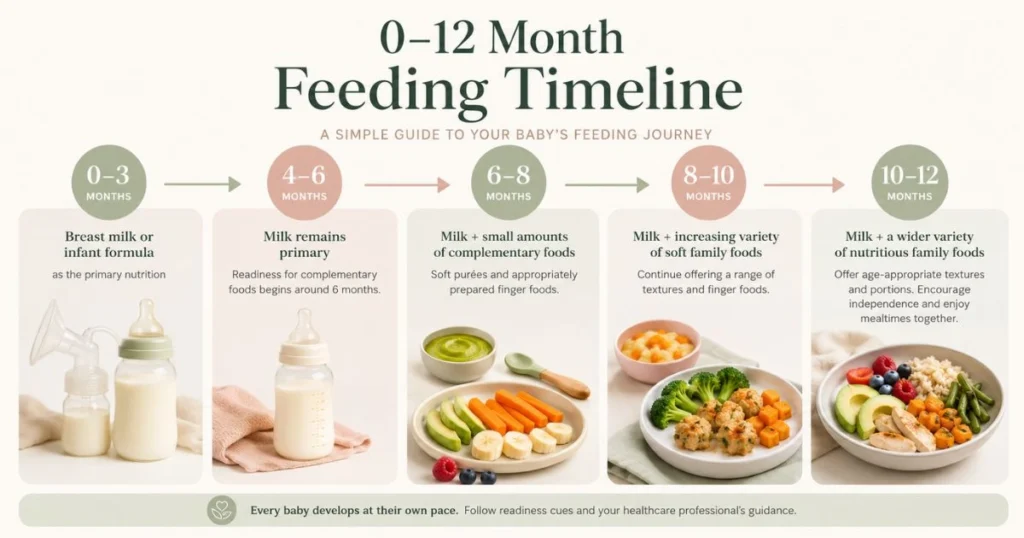 Baby Feeding Schedule by Age: The Complete Month-by-Month Guide 3 Baby feeding schedule timeline from newborn to 12 months showing milk feeds and gradual introduction of complementary foods