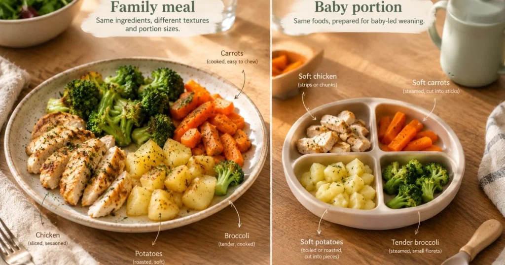 Baby Led Weaning Recipes: 25 Easy Meals for Your Baby 15 Family meal and appropriately prepared baby portion for baby-led weaning