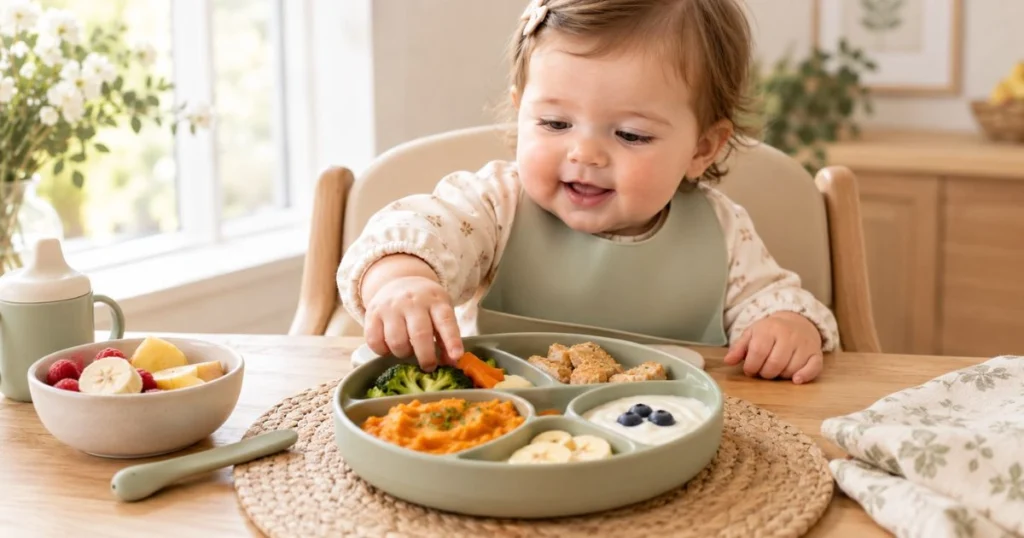 Baby Feeding Chart by Age: Complete Guide for 0–12 Months 5 Baby exploring different food textures during the first year