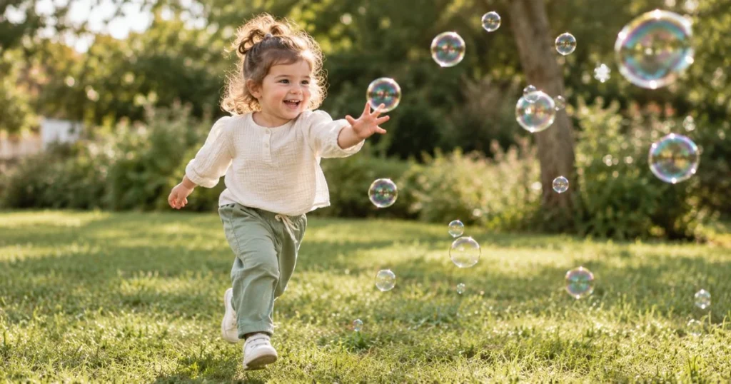 20 Easy Gross Motor Activities for Toddlers and Preschoolers 8 Toddler chasing bubbles outdoors during active gross motor play