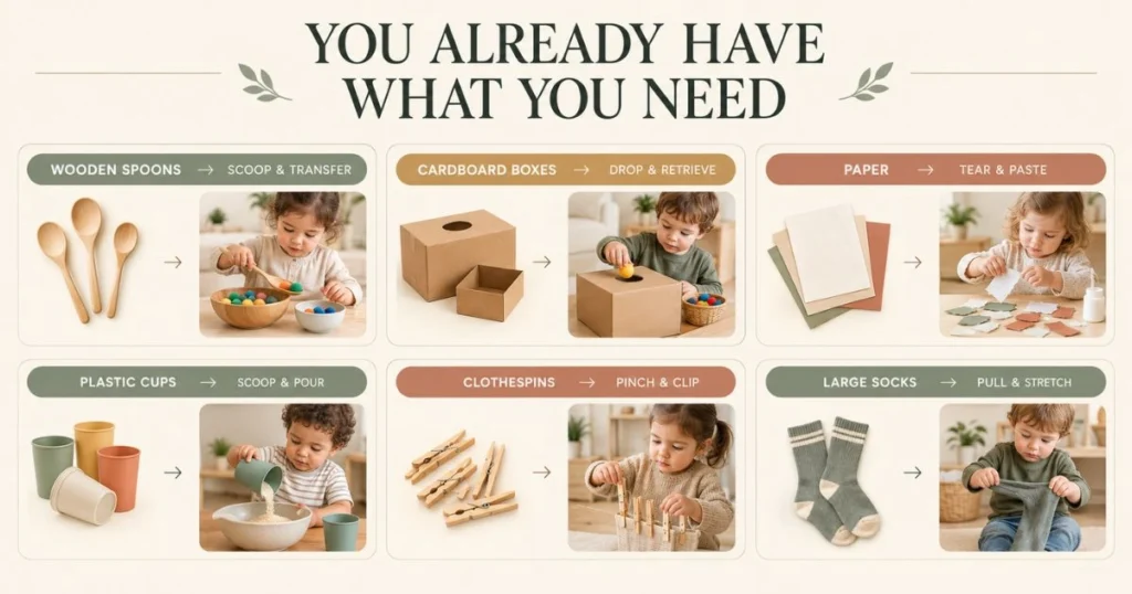 Fine Motor Activities for Toddlers: Easy Activities by Age 26 Infographic showing simple toddler fine motor activities using common household materials