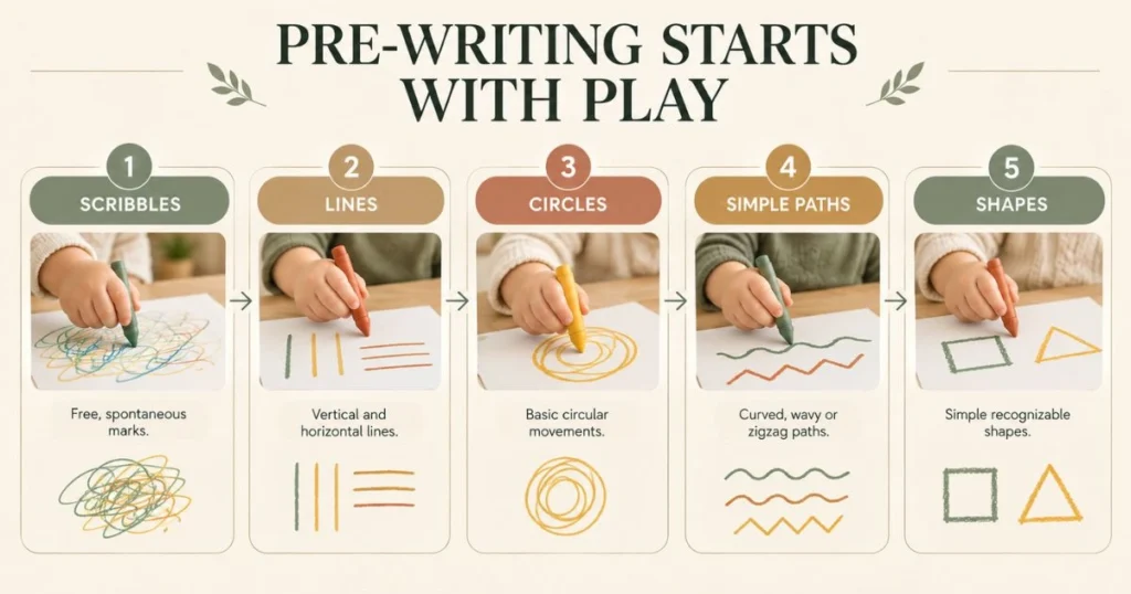 Fine Motor Activities for Toddlers: Easy Activities by Age 29 Infographic showing the progression from toddler scribbles and lines to circles, paths, and shapes