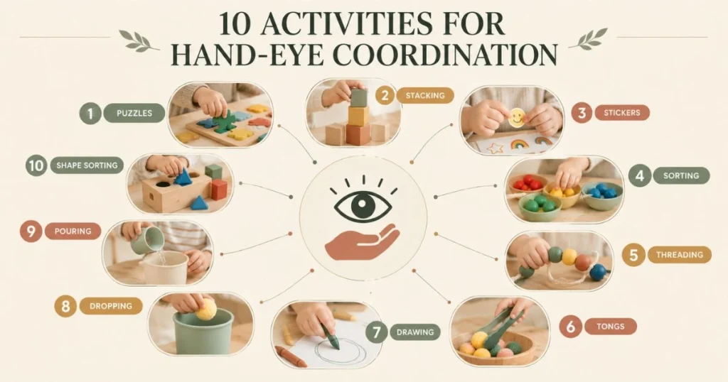 Fine Motor Activities for Toddlers: Easy Activities by Age 28 Infographic showing toddler activities for practicing hand-eye coordination