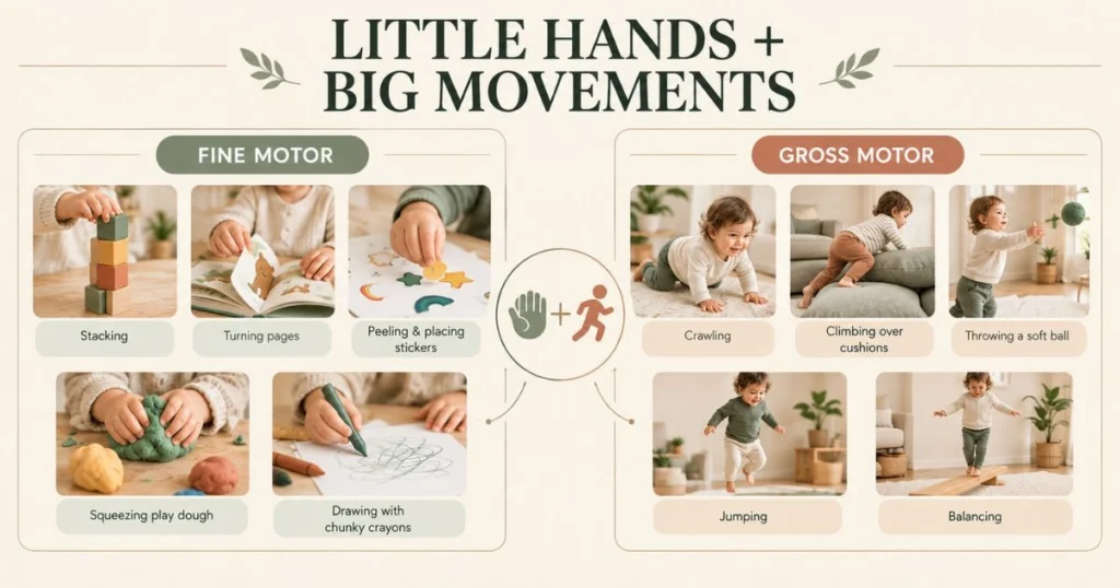 Fine Motor Activities for Toddlers: Easy Activities by Age 31 Side-by-side comparison of toddler fine motor hand activities and gross motor whole-body activities