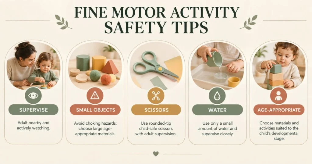 Fine Motor Activities for Toddlers: Easy Activities by Age 32 Infographic showing safety tips for toddler fine motor activities, including supervision and age-appropriate materials