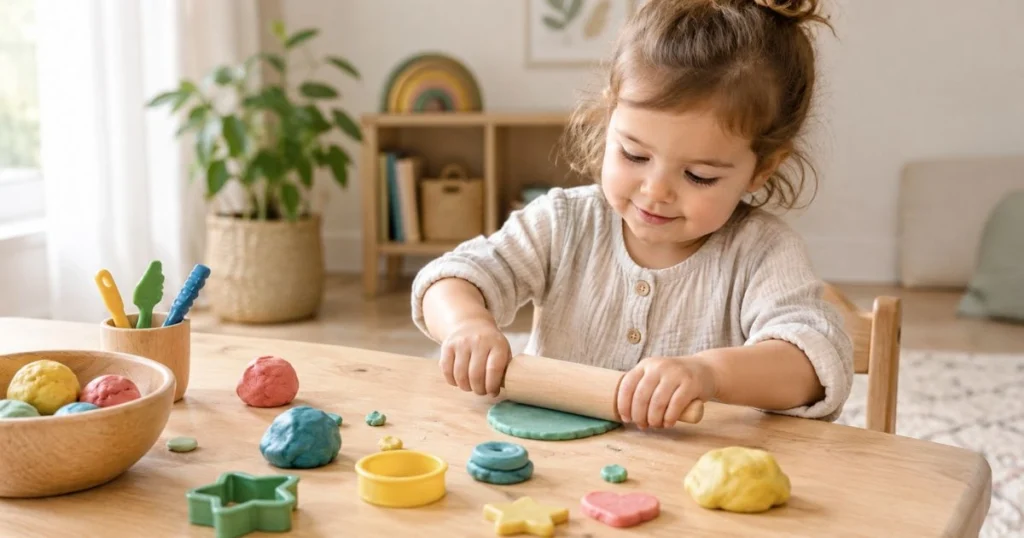 Sensory Play: 25 Easy Activities for Toddlers at Home 9 Toddler pressing and shaping playdough during a sensory play activity