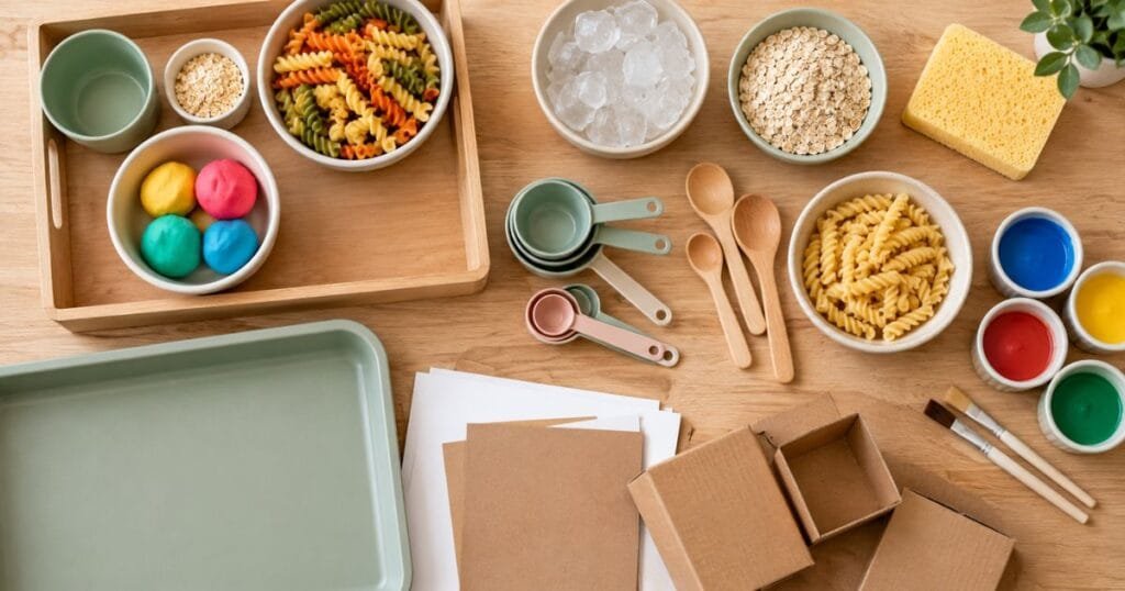 Simple household supplies arranged for sensory play with a toddler