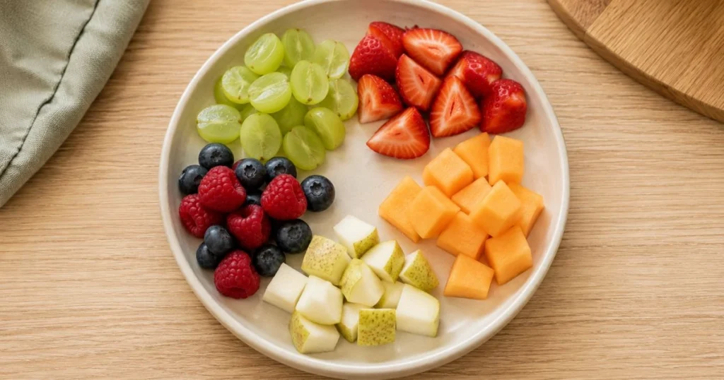 Toddler-safe prepared fruit including cut grapes, berries, melon and pear