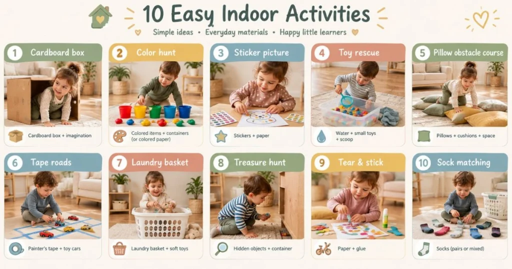 Toddler Activities: 50 Easy Ideas to Keep Little Kids Busy 7 Infographic of 10 easy indoor activities for toddlers using simple household materials