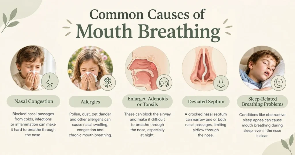 How to Stop Mouth Breathing Naturally: Tips & Causes 5 Common causes of mouth breathing including congestion, allergies and enlarged adenoids or tonsils