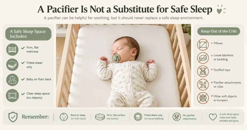 Newborn Pacifier Safety: When and How to Use One 6 Safe newborn sleep environment with baby on their back on a firm flat surface and no loose objects