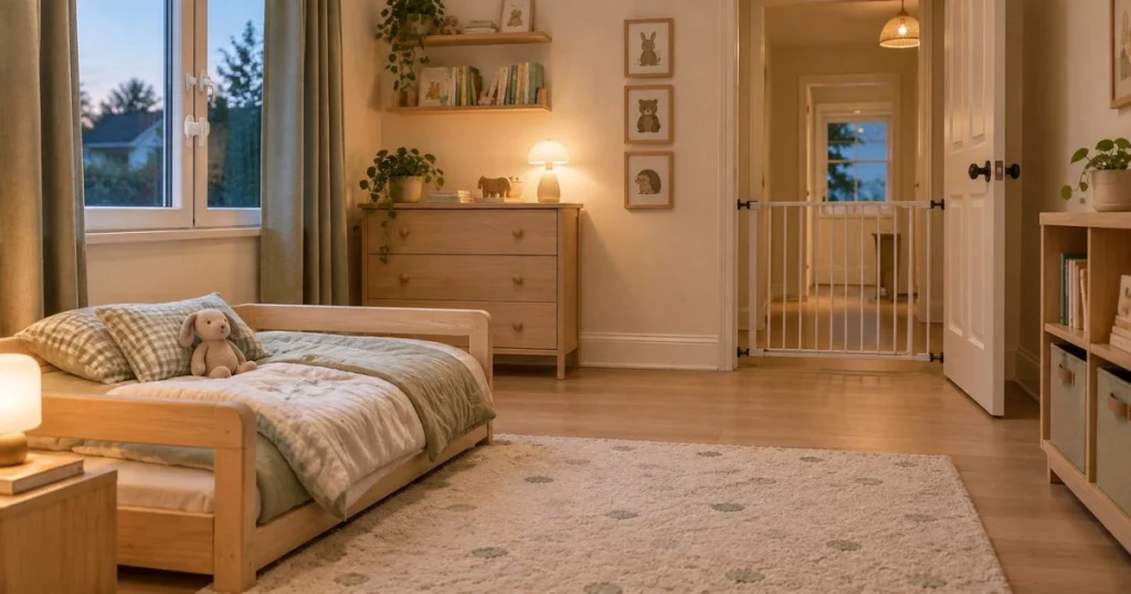 What Are Night Terrors? Causes, Signs & How to Help 7 Safe toddler bedroom with secured windows, clear floors and hazards kept out of reach.