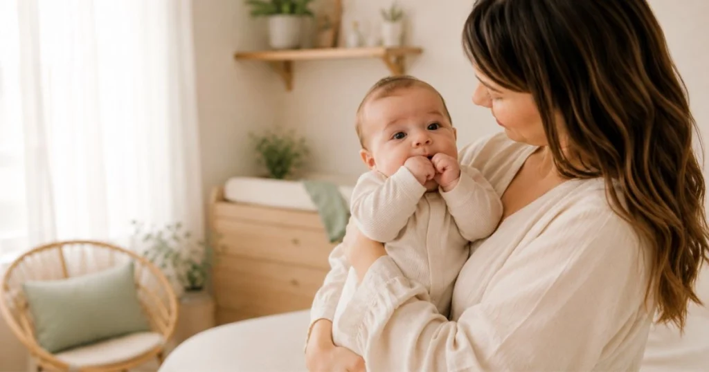 Parent gently burping a baby upright after feeding