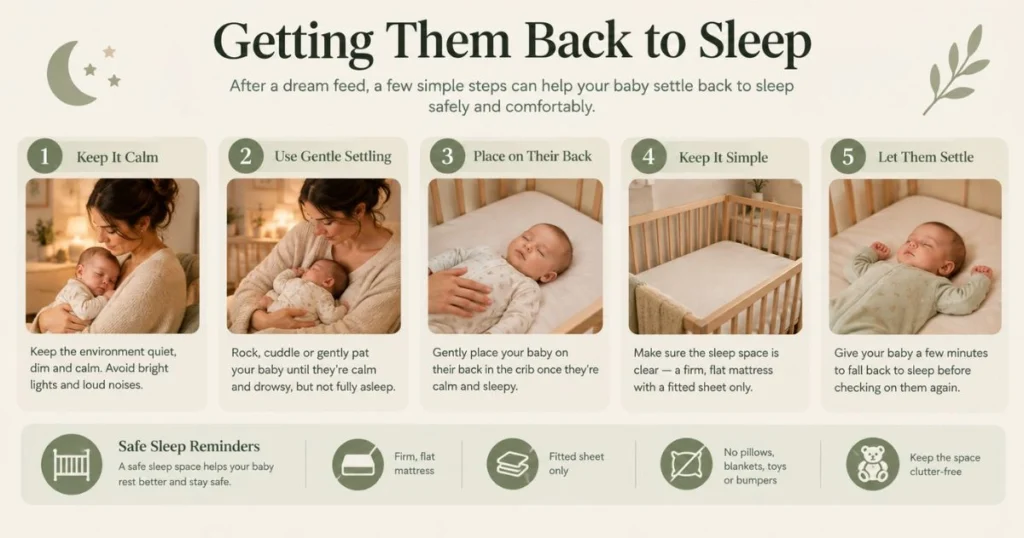 Infographic showing safe steps for returning a baby to sleep after a dream feed.