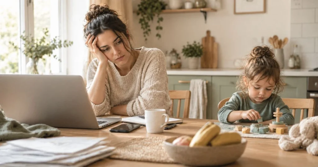Uninvolved Parenting: Signs, Causes, Effects, and How to Break the Cycle 4 Overwhelmed parent experiencing stress while a child plays nearby