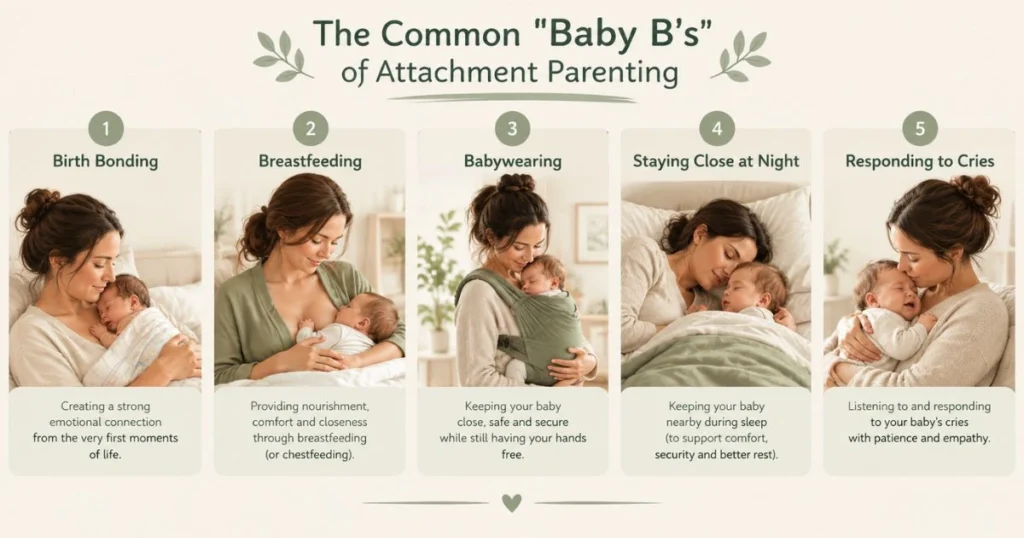 Attachment Parenting: Principles, Practices, Benefits, and What the Research Says 4 Infographic showing the key practices of attachment parenting