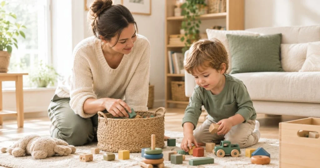 The Authoritative Parenting Style: A Balanced Approach to Raising Confident Children 7 Parent gently guiding a toddler during a shared cleanup activity