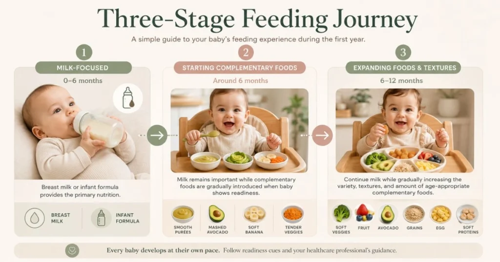 Baby Feeding Schedule by Age: The Complete Month-by-Month Guide 4 Three stages of baby feeding from milk-focused feeding to complementary foods during the first year