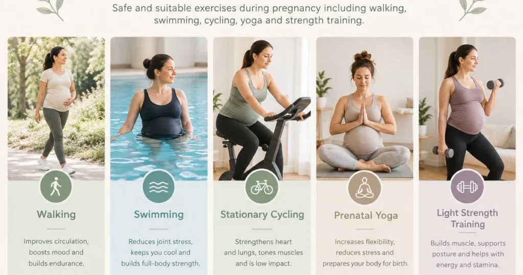 How to Stay Active During Your Pregnancy: Safe and Fun Ways to Keep Moving 4 Safe and suitable exercises during pregnancy including walking, swimming, cycling, yoga and strength training