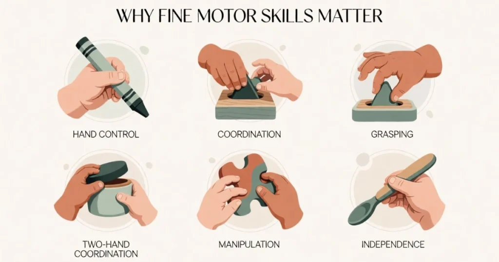 Fine Motor Activities for Toddlers: Easy Activities by Age 6 Six benefits of fine motor skills including hand control, coordination, grasping, manipulation, and independence
