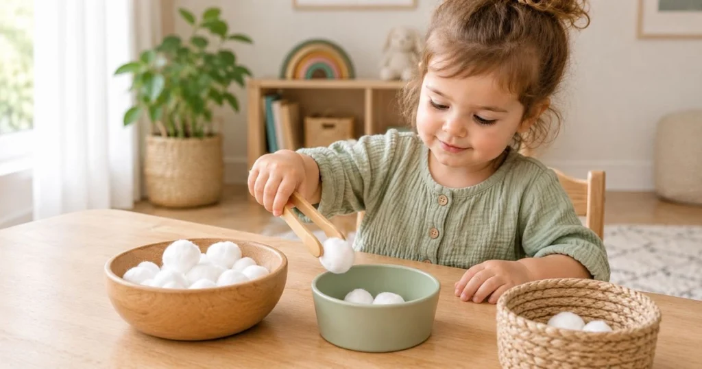Sensory Play: 25 Easy Activities for Toddlers at Home 10 Toddler transferring cotton balls between containers to practice fine motor skills