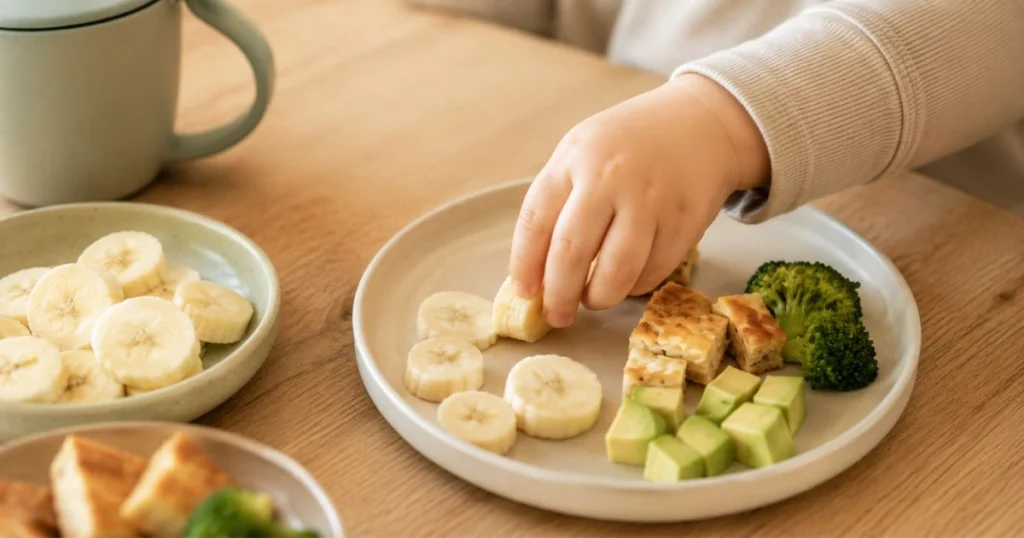 Toddler learning to self-feed by picking up a piece of soft banana