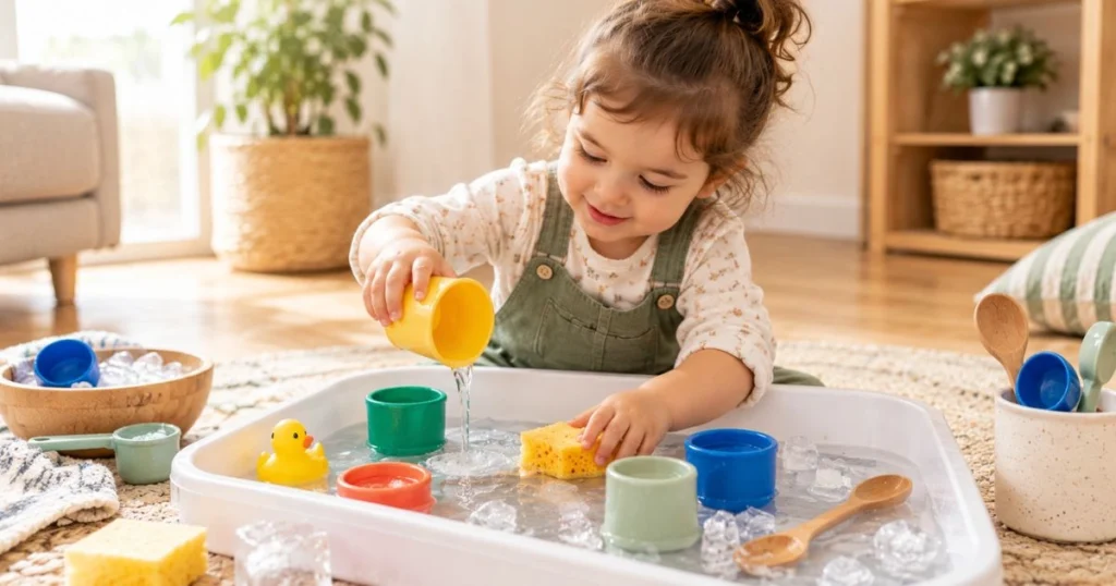 Toddler Activities: 50 Easy Ideas to Keep Little Kids Busy 12 Toddler exploring water, cups, spoons, sponge, and sensory materials during supervised sensory play