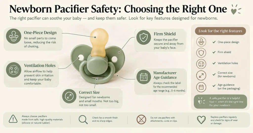 Newborn Pacifier Safety: When and How to Use One 7 Safe pacifier features including one-piece construction, firm shield, ventilation holes and age-appropriate size