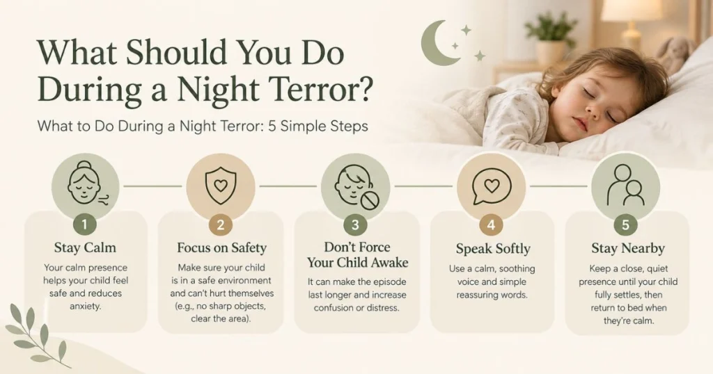 What Are Night Terrors? Causes, Signs & How to Help 6 Five-step infographic showing how parents can respond safely during a child's night terror.