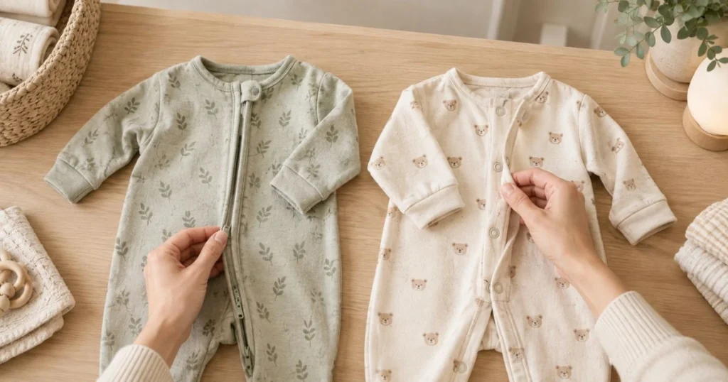 Best Newborn Sleepers: How to Choose the Softest Option for Your Baby 8 Parent comparing zip-up and snap newborn sleepers