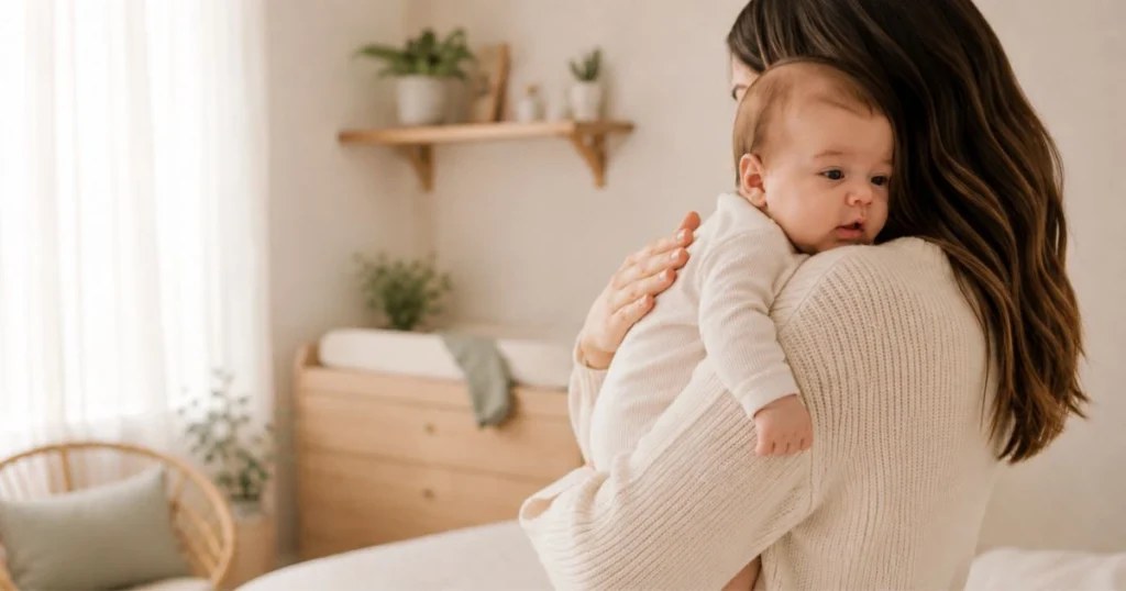 Baby held upright against a parent after feeding