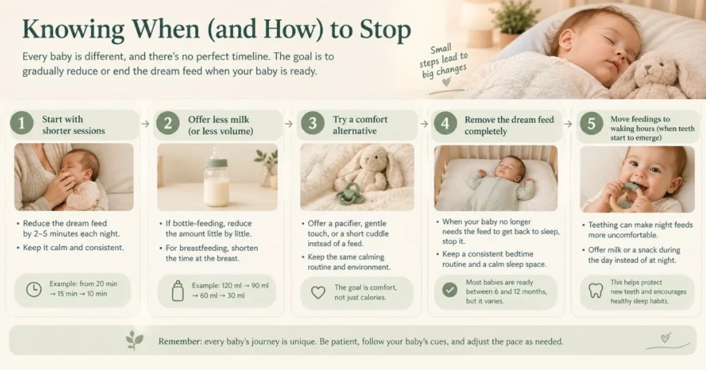 Infographic showing gradual steps for transitioning away from dream feeding.