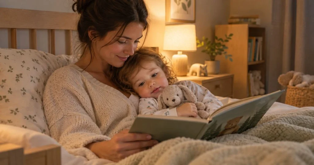The 18 Month Sleep Regression 7 Parent reading a bedtime story to a toddler during a calming bedtime routine