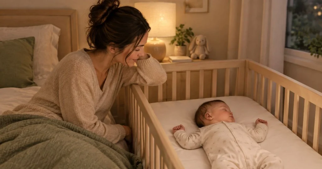 Attachment Parenting: Principles, Practices, Benefits, and What the Research Says 7 Parent staying close to baby beside a safe crib at night