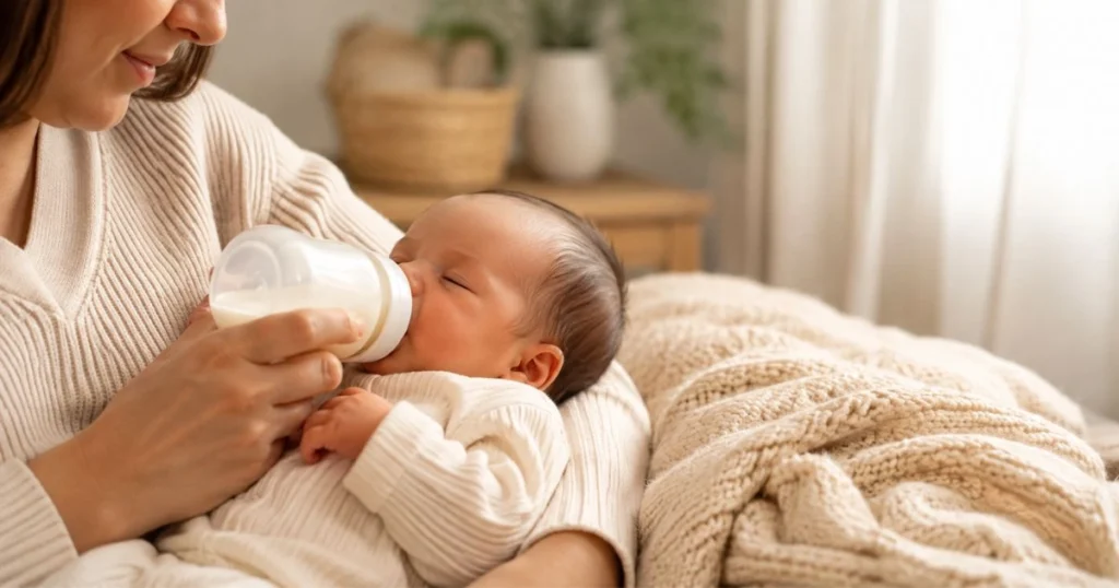 Baby Feeding Schedule by Age: The Complete Month-by-Month Guide 5 Newborn baby peacefully feeding with breast milk or infant formula in a cozy home