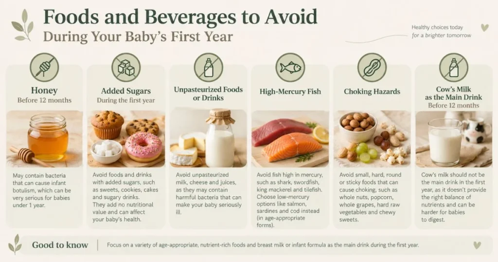 First Foods for Baby: What to Offer When Starting Solids 6 Foods and drinks to avoid during a baby’s first year