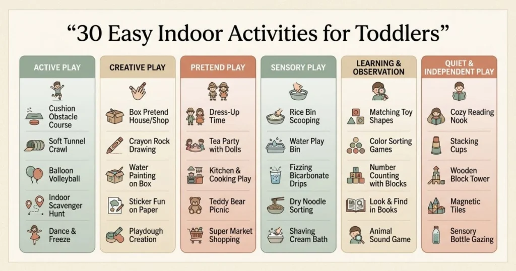 30 Easy Indoor Activities for Toddlers That They’ll Love 6 Infographic organizing 30 easy indoor activities for toddlers by type