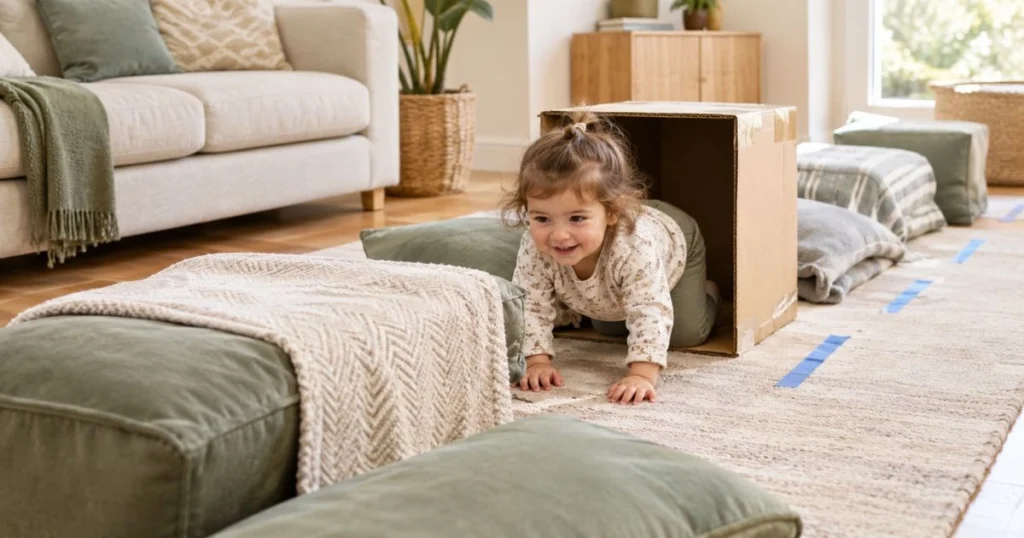 20 Easy Gross Motor Activities for Toddlers and Preschoolers 7 Toddler practicing gross motor skills with a homemade pillow obstacle course