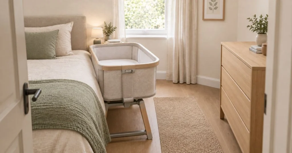 Bassinet vs Crib: How to Choose the Right One 9 Compact baby bassinet in a small bedroom beside the parents' bed