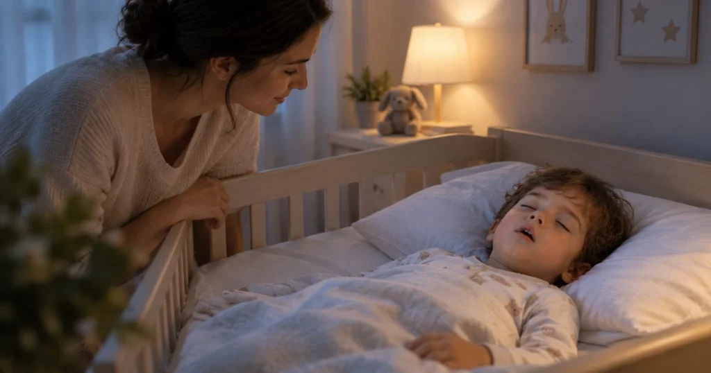 How to Stop Mouth Breathing Naturally: Tips & Causes 8 Child sleeping comfortably in a safe bedroom while a parent quietly checks on them