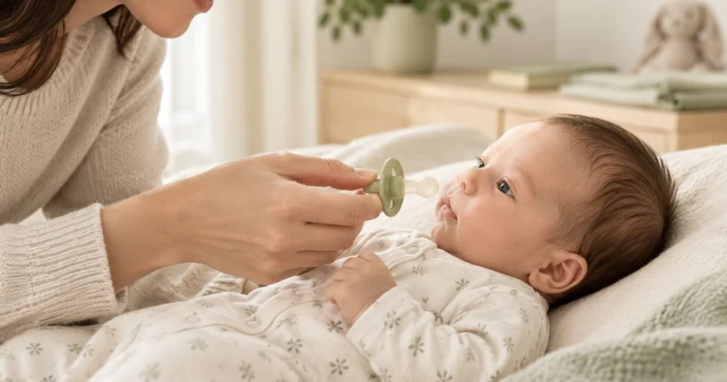 Newborn Pacifier Safety: When and How to Use One 8 Parent gently offering a pacifier to a calm newborn after feeding
