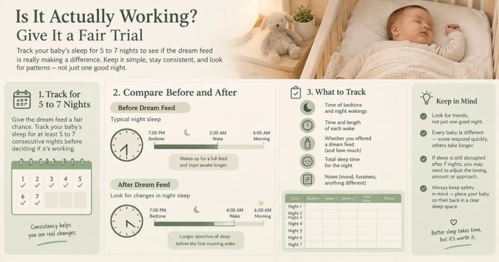 Infographic showing how to track a baby's sleep pattern while evaluating a dream feed.