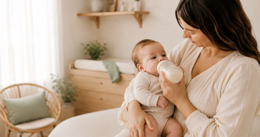 Calm baby showing early hunger cues before feeding
